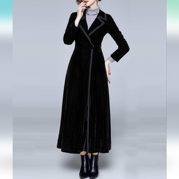 Jackets & Blazers - Women's Slim Notch Lapel Long Vintage Velvet Trench Coat Dress Hepburn Style